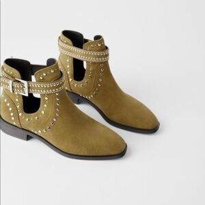 Zara Suede Silver Studded Tan Ankle Strap Boots Size 6